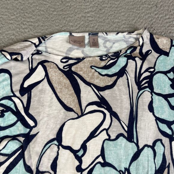 Chicos EasyWear Blouse Womens XL 3 Blue Gray Floral 3/4 Sleeve Knit Top Stretch - Picture 2 of 9